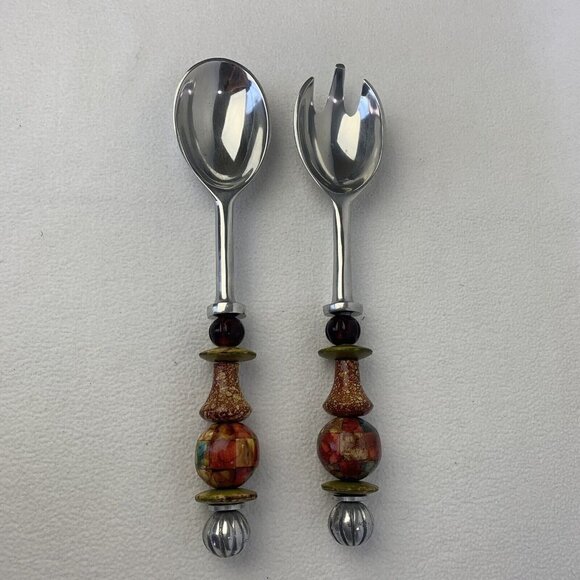 MCM Salad Utensils Fork Spoon Acrylic Beaded Handle 11.5” - Picture 1 of 7